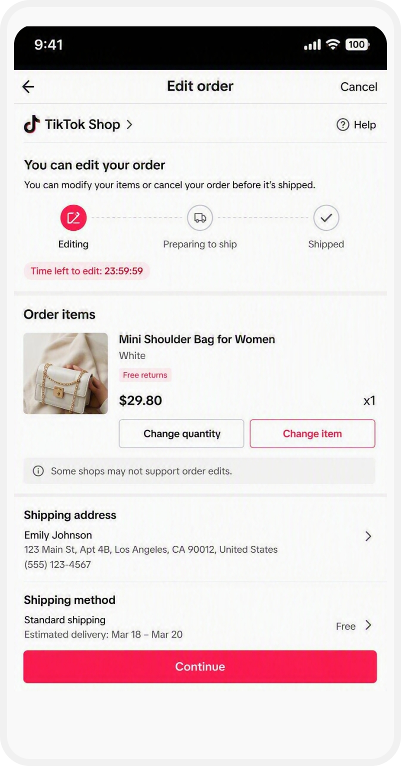 TikTok Shop edit order screen