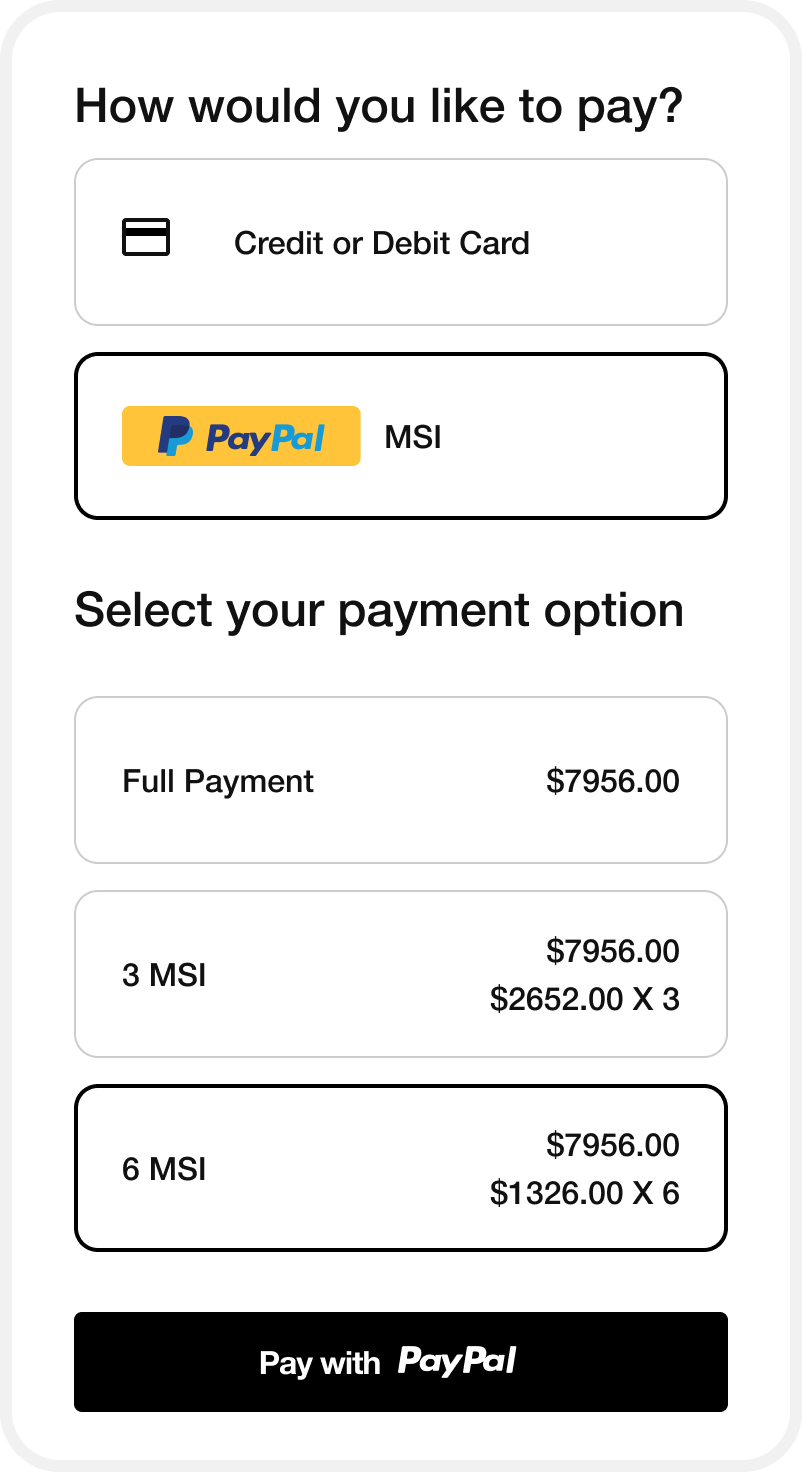 Meses Sin Intereses payment options screen