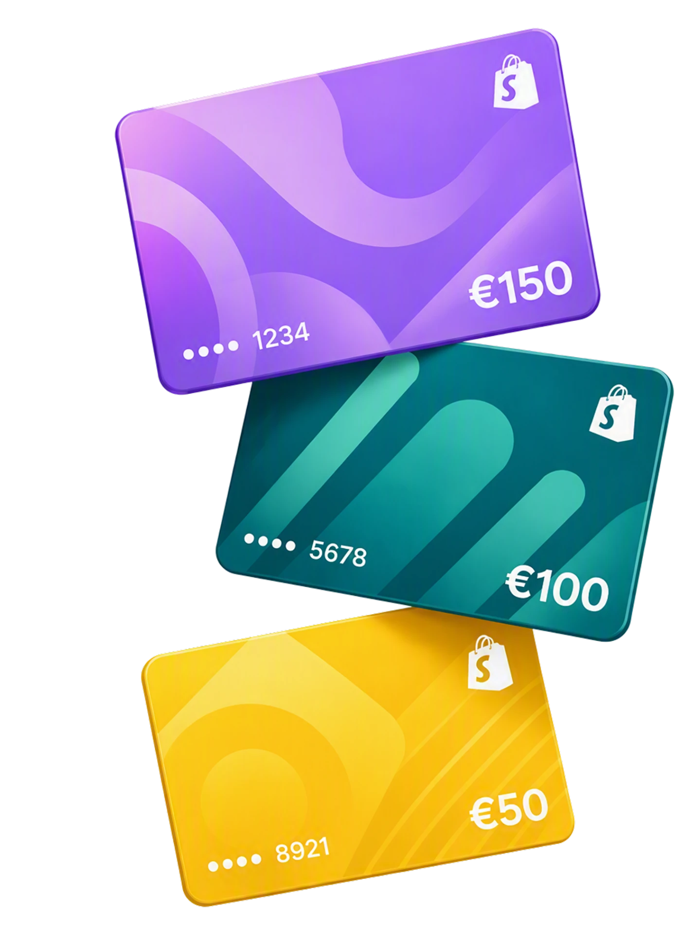 Three Shopify gift cards: €150, €100 and €50