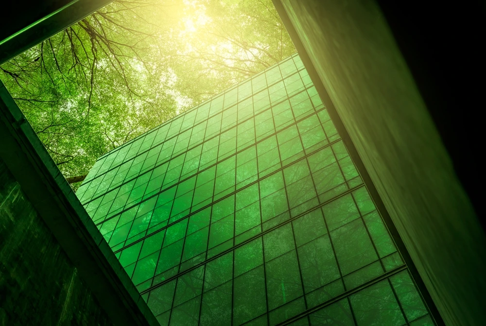 An upward view of a green glass building and a tree canopy illustrating sustainable business