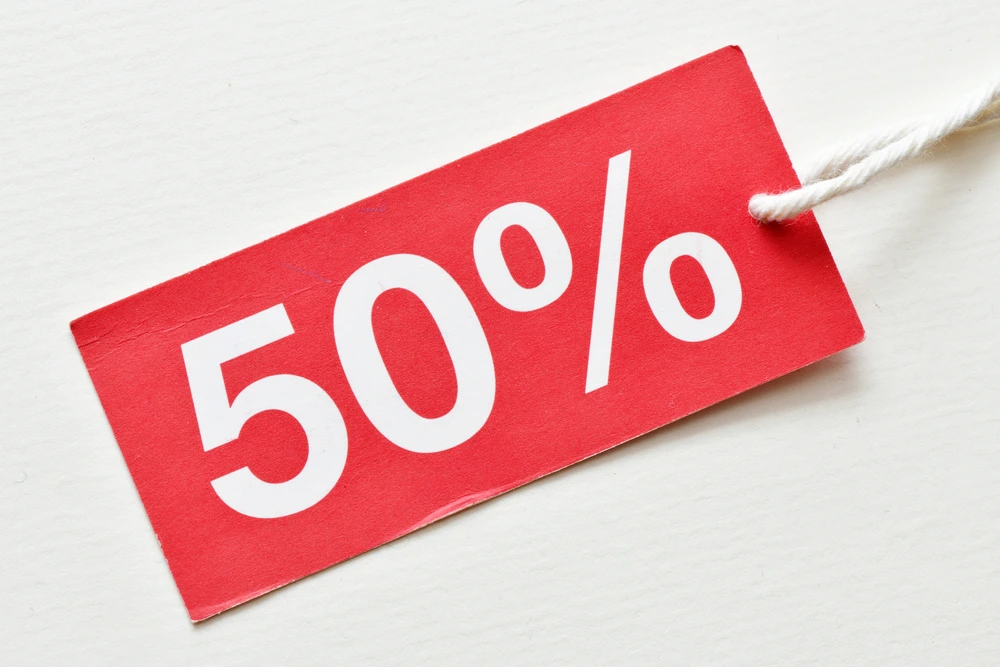 Sale tag that reads 50%