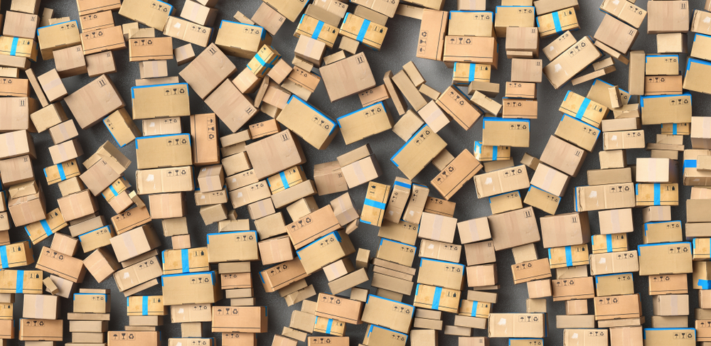 on overhead view of dozens of cardboard boxes