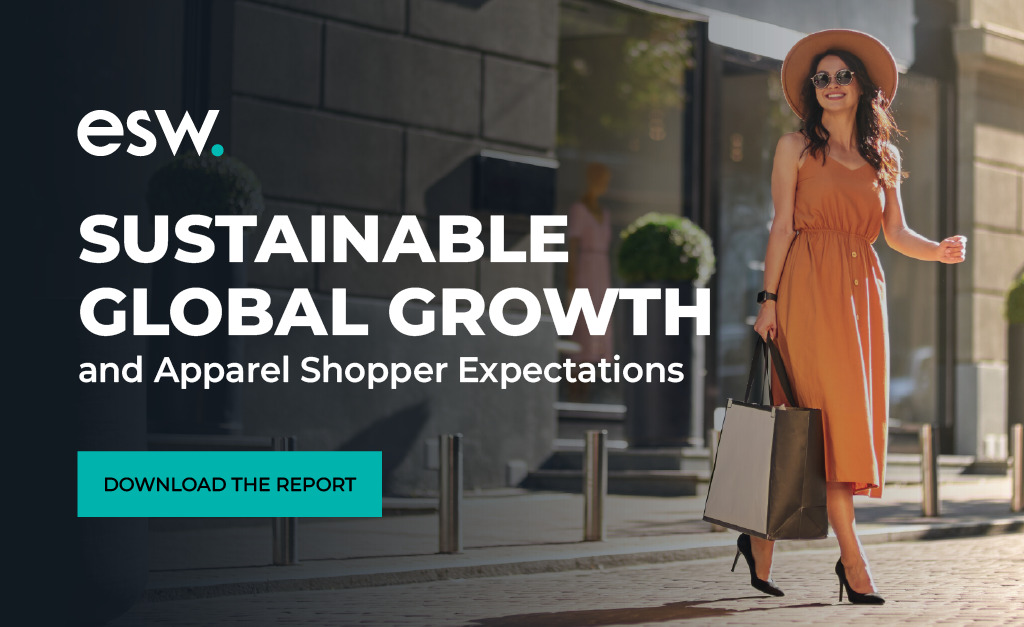 a woman in an orange dress walks down the street. The copy reads Download the Sustainable Global Growth and Apparel Shopper Expectations