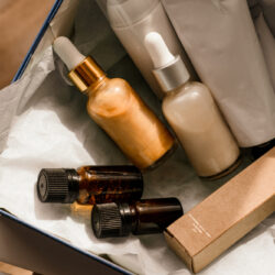 An open box of beauty products after shipping