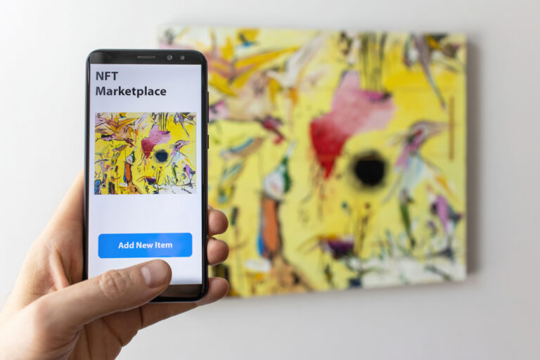 A cell phone featuring a piece of abstract art and the words nft marketplace